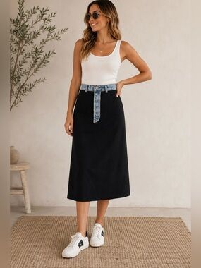 🌸640 A Definite Maybe Upcycled Levi’s 501 Denim Waist Black Midi Skirt 34x32 OOA